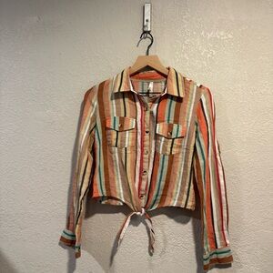 Long Sleeve Striped Cotton Button Down Collared with Tie Size Small